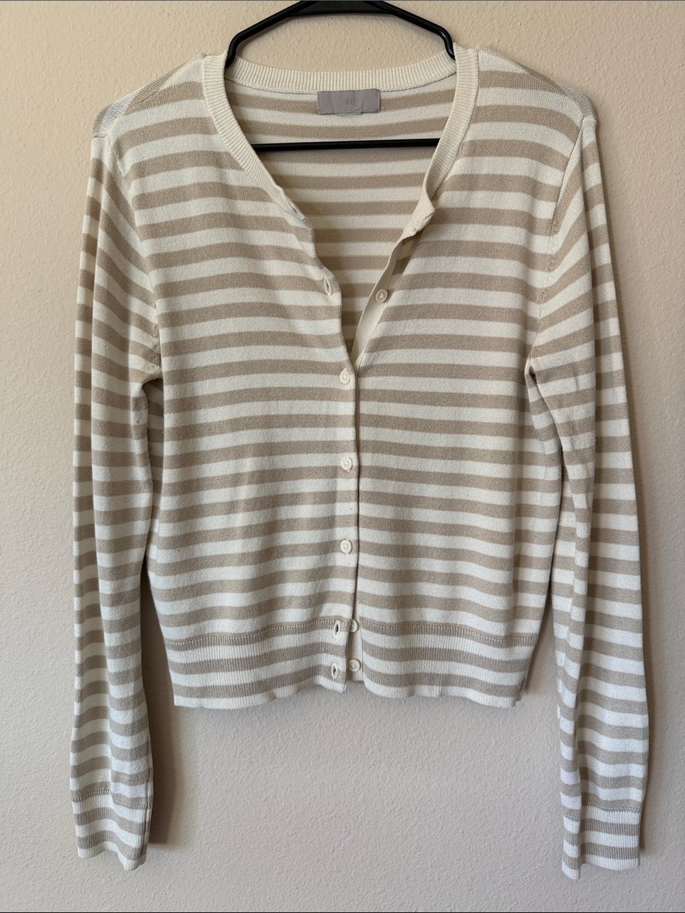 H&M Women's Striped Cream and Taupe Button-Up Cardigan - Picture 2 of 5